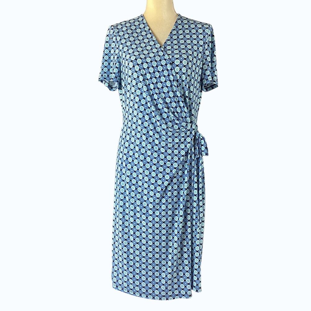 Anne Klein Blue Floral Geometric Faux Wrap Dress Womens Size 14 Short Sleeve